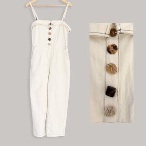 ☀️ Moon River Chunky Button-Front Denim Jumpsuit Adjustable Cream Tie Back S M